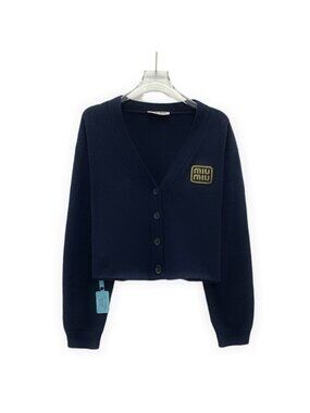 Miu Miu 2024 Navy Blue Cashmere V-Neck Cardigan